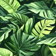 seamless pattern of large tropical leaves in deep greens and bright accents, perfect for a modern, energetic design