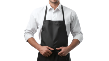 Waiter in apron isolated on transparent background, representing a professional restaurant worker in uniform, ideal for the hospitality and service industry visuals.