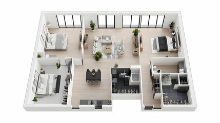 Modern Three Bedroom Apartment Floor Plan With Contemporary Interior Design Featuring White Walls Light Wood Floors And Black Accents In A Spacious