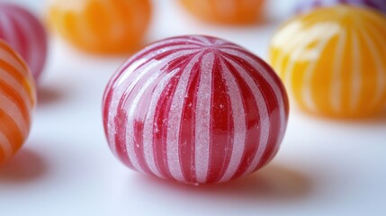 Close-up of colorful striped hard candy on white surface; other candies in the background