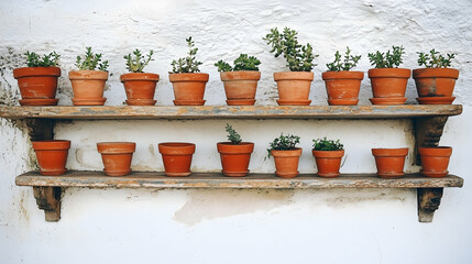 Rustic wooden shelf with terracotta pots of herbs against a whitewashed wall; perfect for home decor blogs or gardening websites