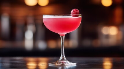 Pink cocktail garnished with raspberry on bar.