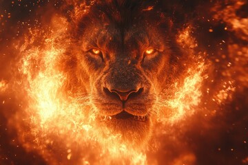 Majestic lion head emerges from flames portraying strength and fierceness in a fiery background © Tanu