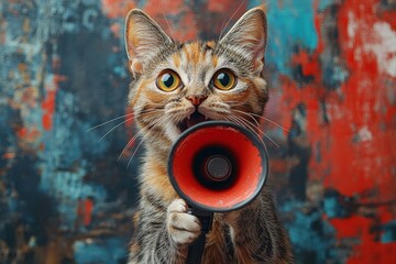 Cat holding a megaphone in vibrant artistic setting conveys a playful and humorous message to viewers