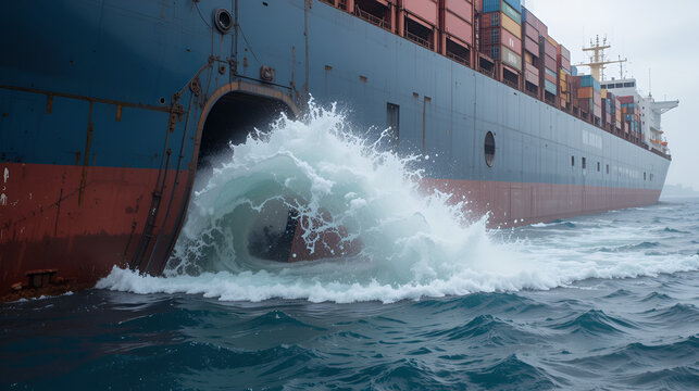 Discharge of bilge water from the side of a cargo ship.
