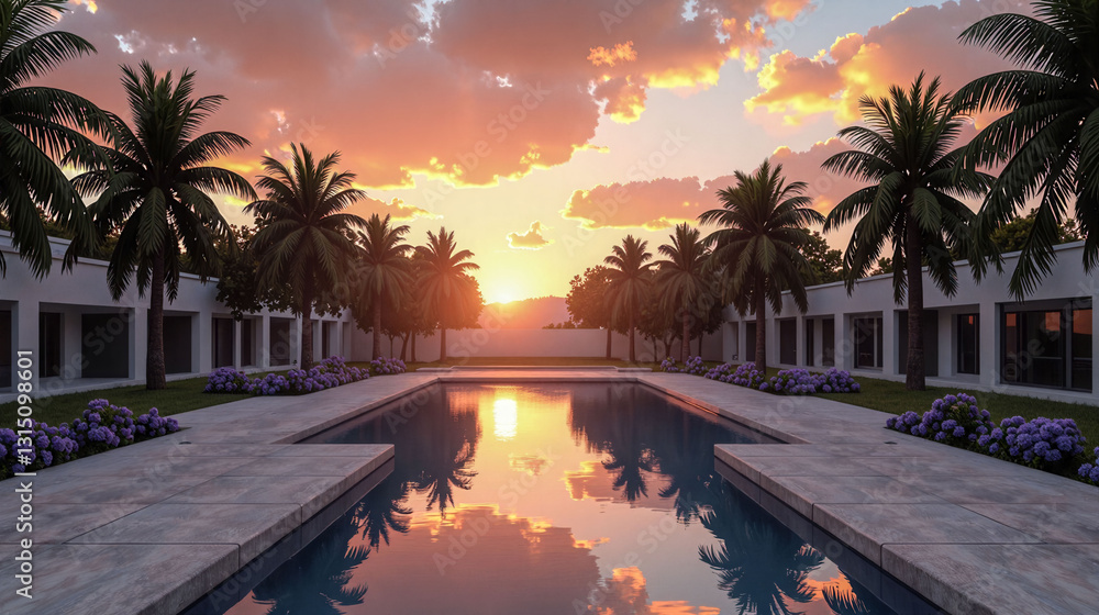 Poster a pool with palm trees in the background and a sunset in the sky. the pool is surrounded by a white 