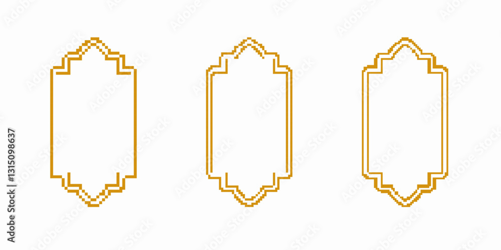 Poster three orange geometric designs in a pixel art style display intricate patterns, aligned vertically.