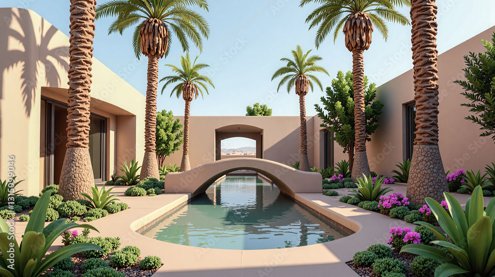 Poster a beautiful pool surrounded by palm trees and flowers. the pool is in the middle of a courtyard with