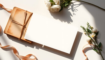 Summer wedding stationery still life scene. Old book, blank greeting card, invitation mockup and craft envelope in sunlight. White table background with ribbon. Harsh long shadows. Flat lay, top vie