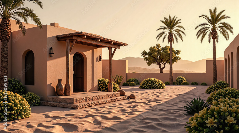 Poster a tranquil desert scene with a small stone building and palm trees. the building appears to be a sma