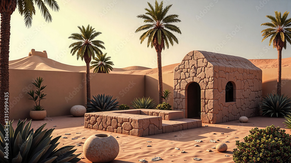 Poster a tranquil desert scene with a small stone building and palm trees. the building appears to be a sma