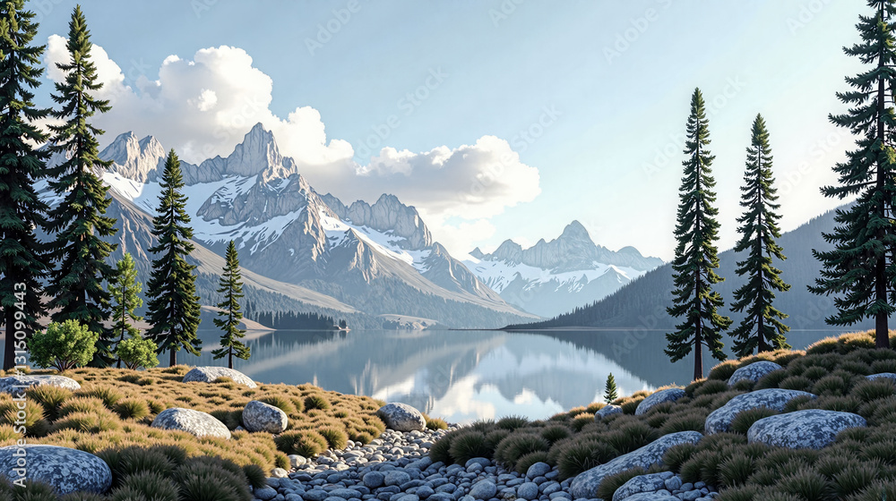 Poster a snowy landscape with a river and trees. the trees are bare and the snow is piled up on the ground.