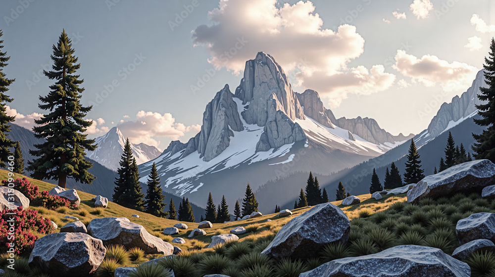 Poster a snowy mountain range with pine trees in the foreground. the sky is cloudy and the mountains are co