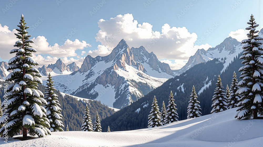 Poster a snowy mountain range with pine trees in the foreground. the sky is cloudy and the mountains are co