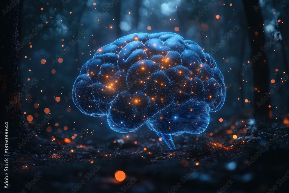 Aufkleber digital brain illuminated in a dark forest with glowing particles and mystical atmosphere