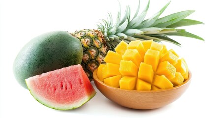 A bowl of fresh fruit with pineapple, mango, and watermelon on a white isolated background
