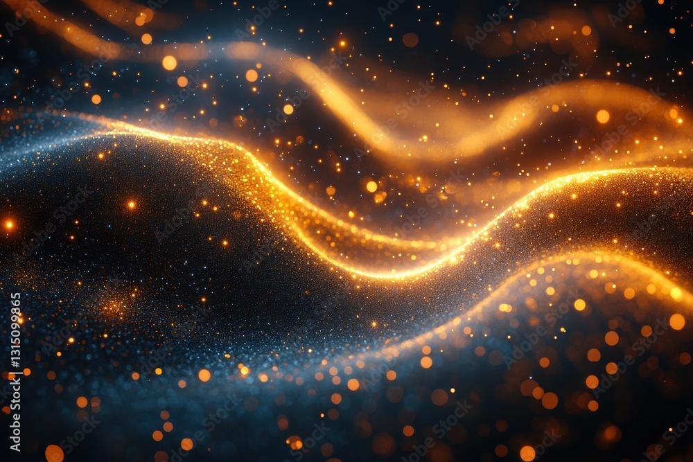 Poster dynamic glowing waves with vibrant particles create a mesmerizing visual experience in a dark backgr