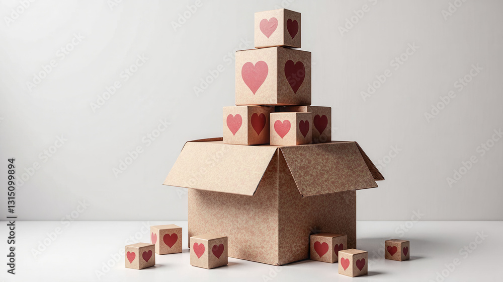Poster a stack of boxes with hearts on them. the boxes are stacked on top of each other and there are many 