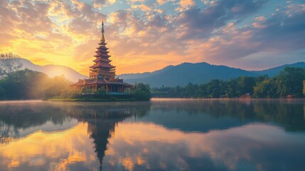Pagoda Perched on the Edge of a River Bend at Sunrise