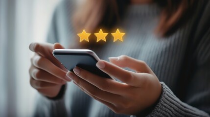 Hands Holding A Phone, Glowing Three Stars Above, Expressing Satisfaction And Positive Online Review Experience With Soft Lighting And A Blurred Background