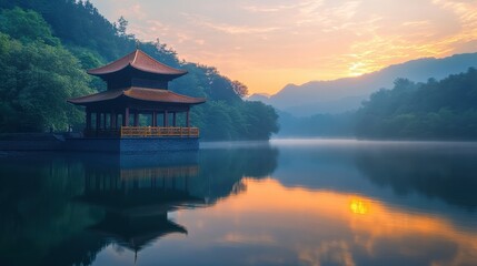 Obraz premium Pagoda perched on the edge of a river bend at sunrise