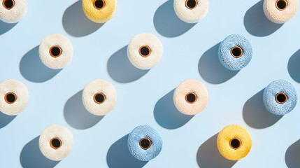 Fototapeta premium Colorful yarn spools arranged on blue background, overhead shot; craft, textile, hobby, DIY project