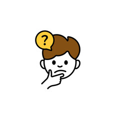 Simple cartoon character expressing confusion with a question mark above and hand on chin.