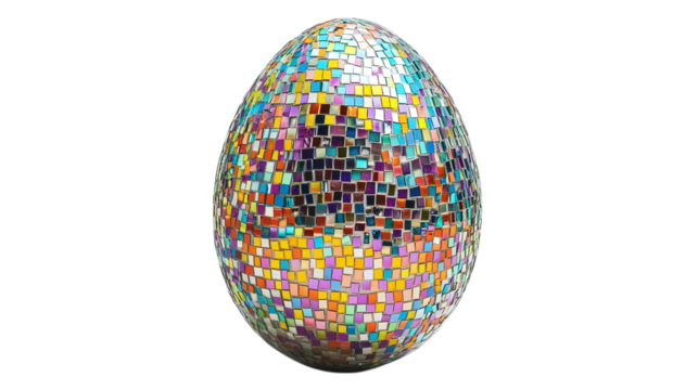 Easter egg covered in tiny mirrored mosaic pieces, dazzling and reflective, isolated on white background --ar 16:9 - Powered by Adobe