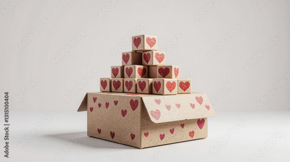 Poster a stack of boxes with hearts on them. the boxes are stacked on top of each other and there are many 