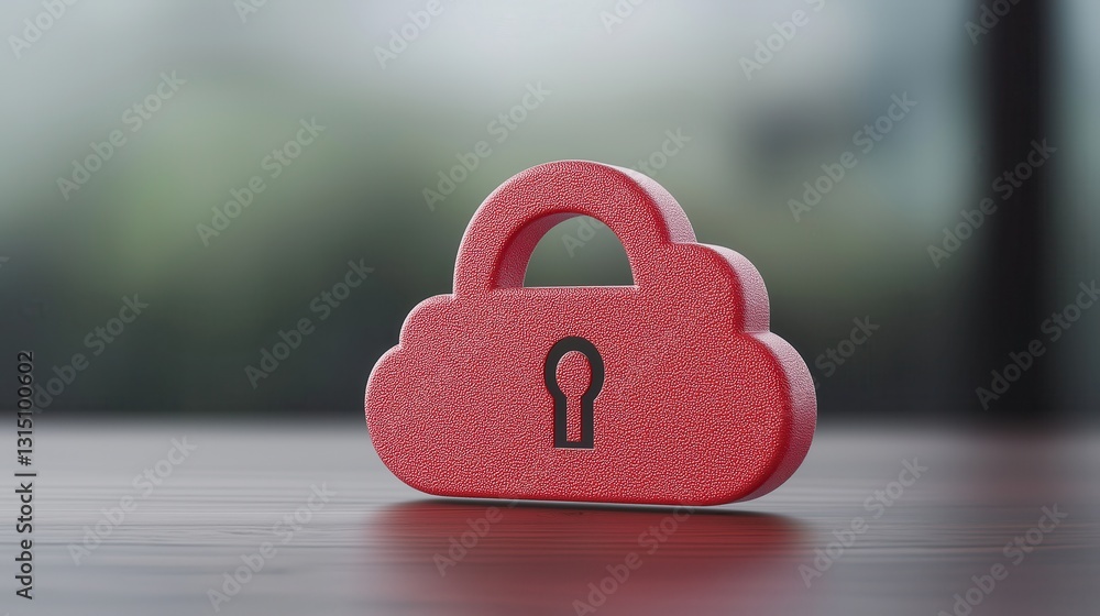 Poster secure distributed network concept in 3d illustration featuring red cloud lock with keyhole design