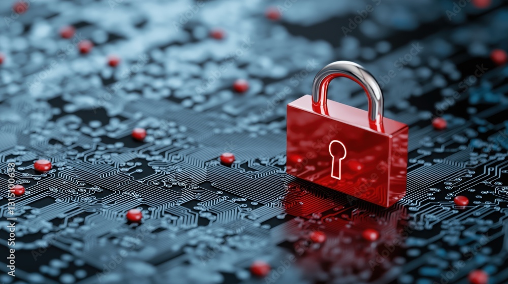 Poster 3d illustration of peer-to-peer encrypted network with padlock on circuit background