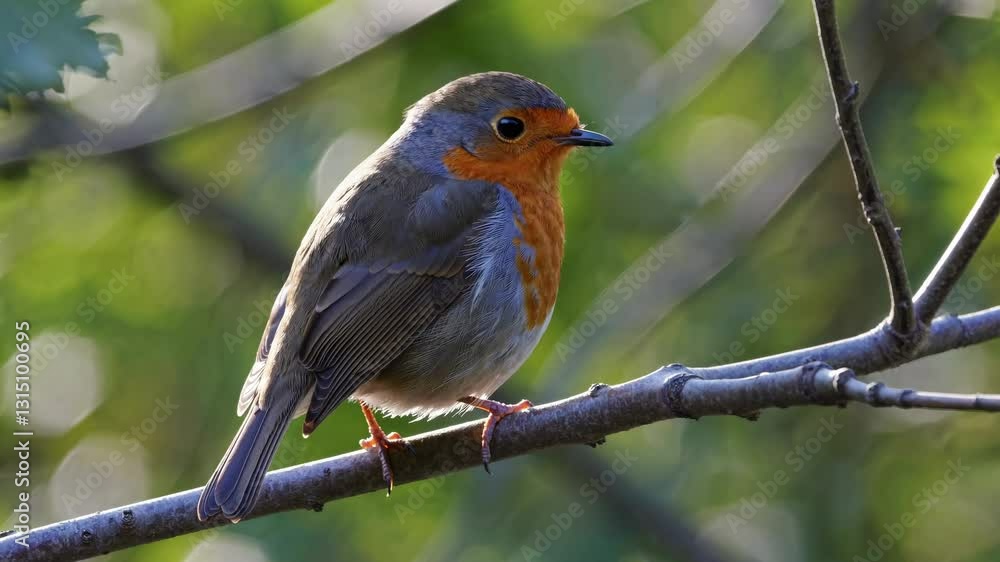 Poster close-up video of a robin perched on a branch, captured from a side angle. the soft bokeh background