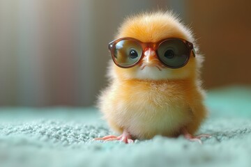Cute chick wearing sunglasses poses on a soft surface, showcasing its adorable fluffy feathers and vibrant color