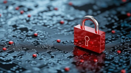 3D Illustration of Peer-to-Peer Encrypted Network with Padlock on Circuit Background