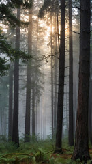 Obraz premium A misty forest at dawn, with tall pine trees and soft light filtering through the morning fog.