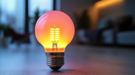 Illuminated LED bulb on wooden floor in modern interior