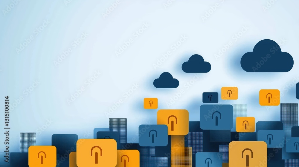 Poster colorful flat design illustration of cloud-based security concept with data upload symbols and cloud