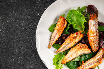 Mackerel tomato sauce canned fish seafood delicious gourmet food background on the table rustic food top view copy space keto and paleo diet vegetarian food pescetarian diet