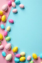 Obraz premium Pastel-colored egg shapes arranged on a dual-toned background, creating a vibrant and cheerful composition perfect for seasonal celebrations or festive designs.