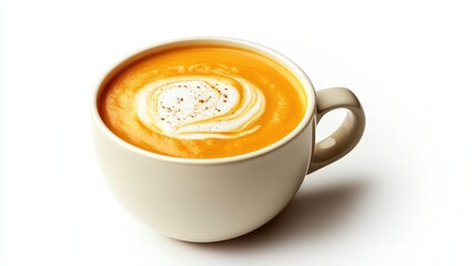 A cup of creamy pumpkin soup with a swirl of cream on a white isolated background