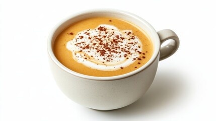 Obraz premium A cup of creamy pumpkin soup with a swirl of cream on a white isolated background