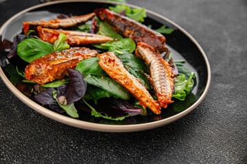 Mackerel tomato sauce canned fish seafood delicious gourmet food background on the table rustic food top view copy space keto and paleo diet vegetarian food pescetarian diet