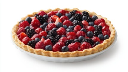 A colorful fruit tart with a crisp pastry shell on a white isolated background