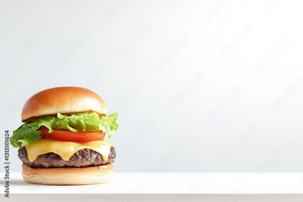 Poster solitary burger on white background with ample copy space for text placement highlighting its ingred