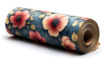 Rolled floral wallpaper on white background