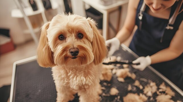 Pampered Pup: A pampered Cavapoo enjoying a spa day, receiving a gentle grooming session with expertise and care. The focus on well-being for pets.