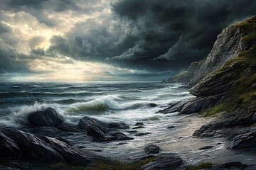Obraz premium A dramatic coastal scene with turbulent waves, rocky cliffs, and dark storm clouds.