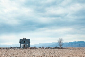 Fototapeta premium solitary dilapidated house stands in barren landscape debris strewn around under menacing sky