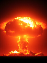 Obraz premium A dramatic image capturing the devastating impact of nuclear warfare, with destruction silhouetted against a fiery backlight, symbolizing the power and irreversible consequences of global conflict.