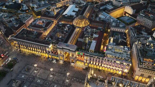 Aerial view of Galleria Vittorio Emanuele II shopping arcade in Milan at night